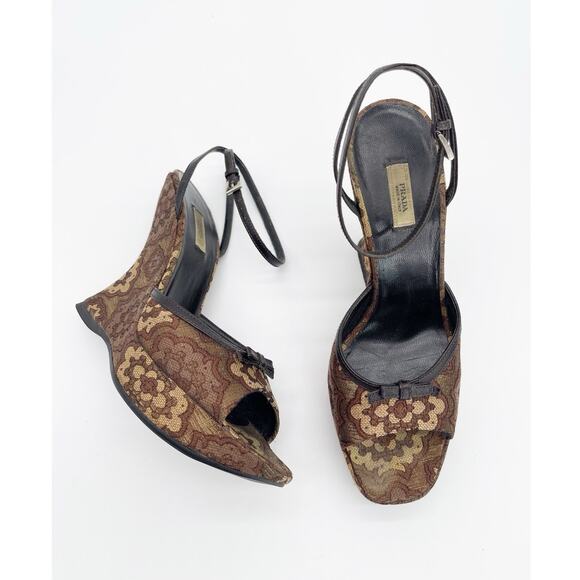 Prada Shoes - Prada Retro Y2K Brown Bronze Brocade Lurex Bow Sculptural Wedge Sandals IT 36.5